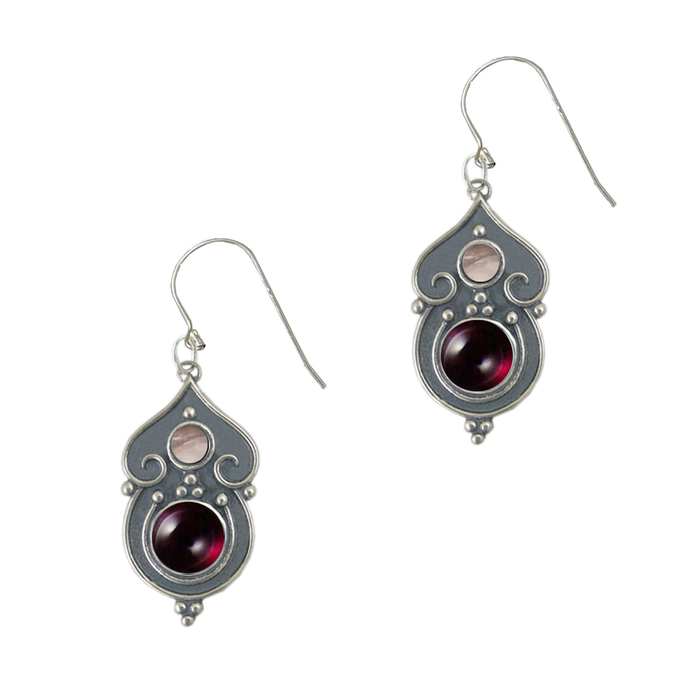 Sterling Silver Gothic Inspired Drop Dangle Earrings With Garnet And Rose Quartz